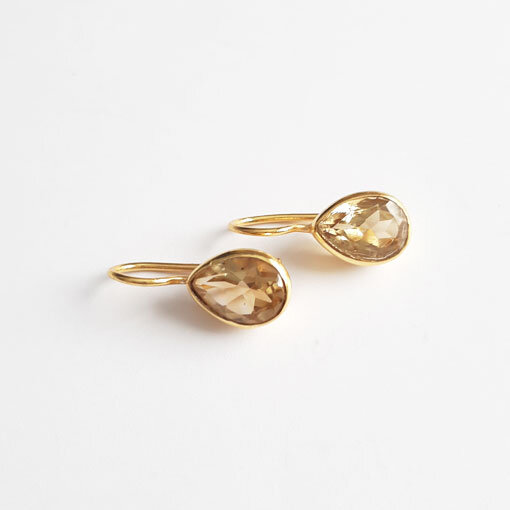 Semi Precious Stone Earrings, teardrop shaped Citrine / 1 pair / gold