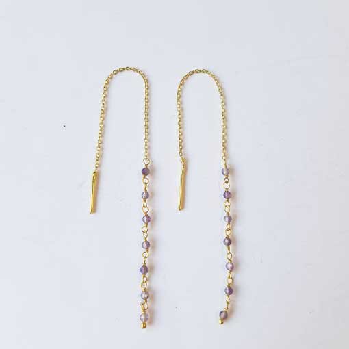 Semi Precious Stone Earrings Purple Amethyst / 1 pair / gold