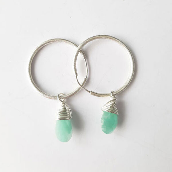 Semi Precious Stone Creoles Aqua Chalcedony / 25mm / silver