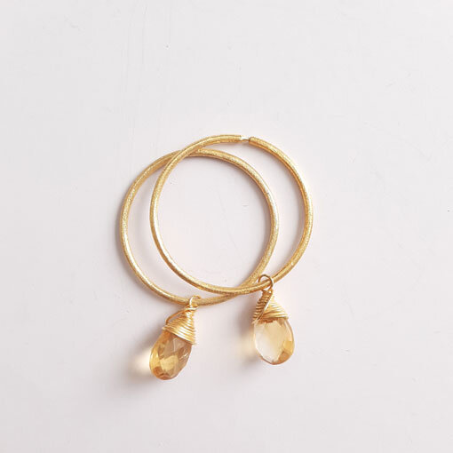 Semi Precious Stone Creoles Citrine  1 pair  / 23mm / gold