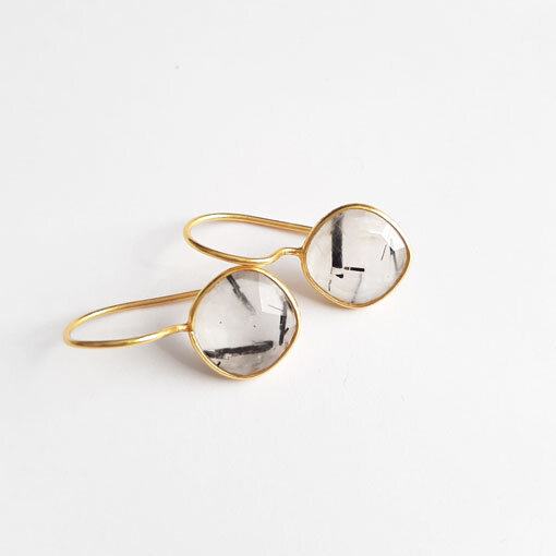 Semi Precious Stone Earrings Turmaline Quartz / 1 pair / gold