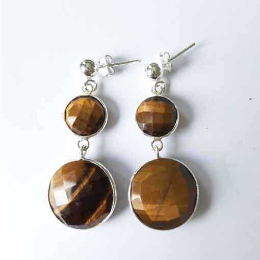 Semi precious Stone Earrings tiger eye / 1 pair / silver