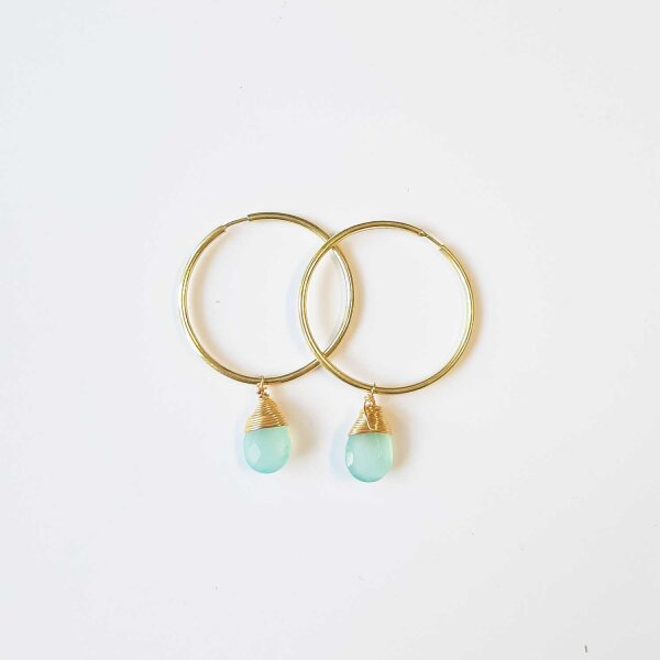 Semi Precious Stones Creoles Aqua Chalcedony / 30mm / gold